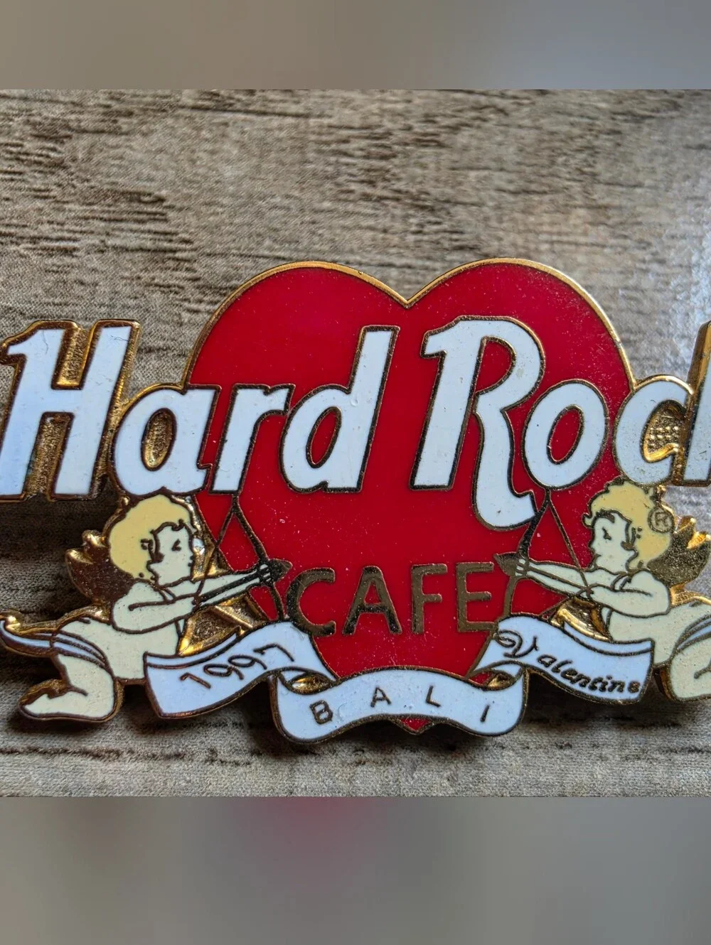 Hard Rock Cafe Bali Red and White Kids Enamel Pin with Gold Trim